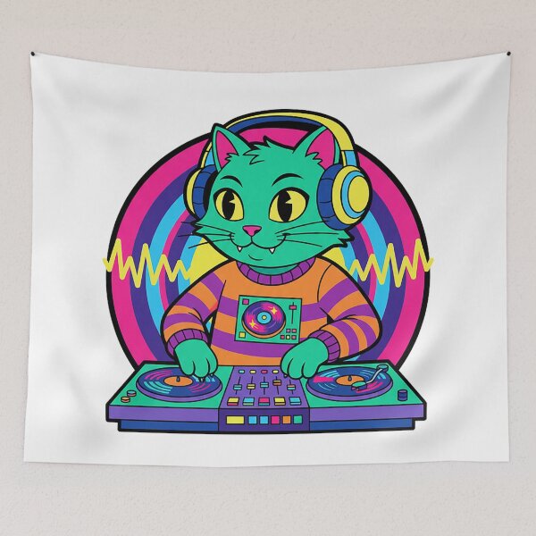 Item preview, DJ Cat Retro Psychedelic Turntable Green Cat Music Sticker designed and sold by cannsuh.