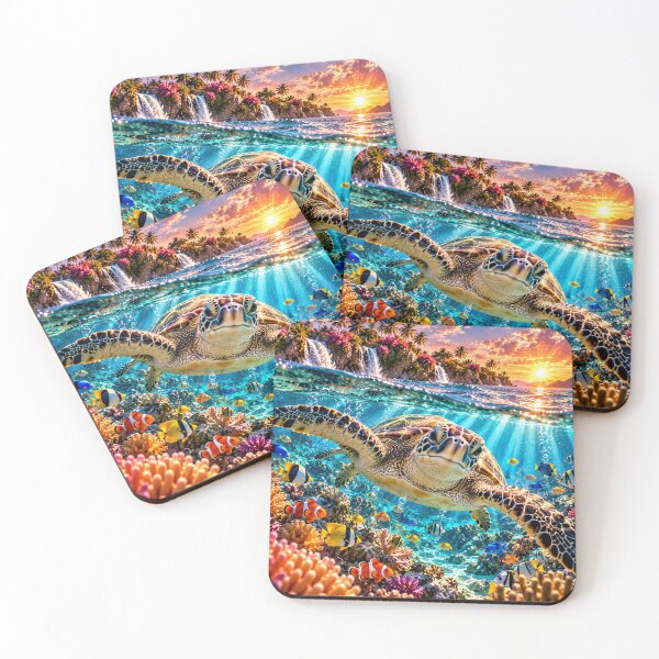 Item preview, Sea turtle in a tropical coral reef at sunset designed and sold by AnjaSarahArt.