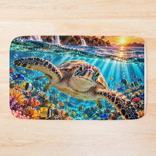 Item preview, Sea turtle in a tropical coral reef at sunset designed and sold by AnjaSarahArt.