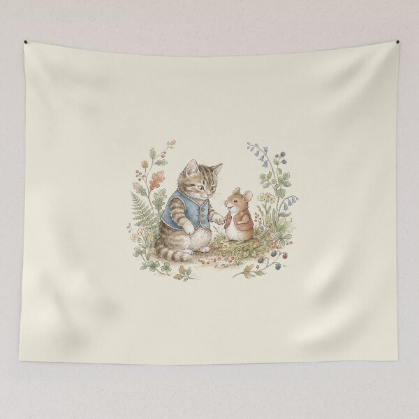 Item preview, Vintage Watercolor Cat and Mouse Friendship - Classic Storybook Art designed and sold by Pasteltone.