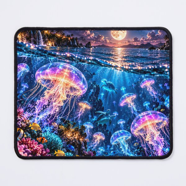 Item preview, Luminous jellyfish under the full moon in the tropical ocean designed and sold by AnjaSarahArt.
