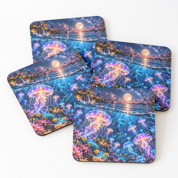 Item preview, Luminous jellyfish under the full moon in the tropical ocean designed and sold by AnjaSarahArt.