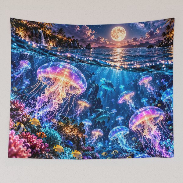 Item preview, Luminous jellyfish under the full moon in the tropical ocean designed and sold by AnjaSarahArt.