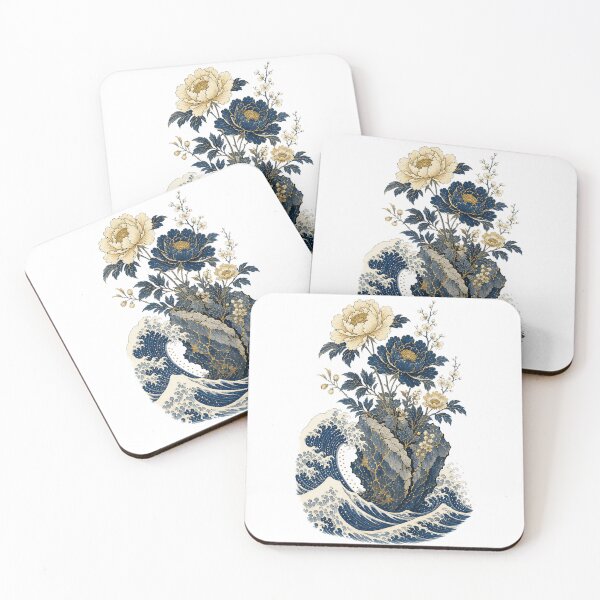 Item preview, Japanese Wave Peony Bouquet | Navy Gold Ukiyo-e Floral Art | Great Wave Botanical Print designed and sold by Art JSMY.