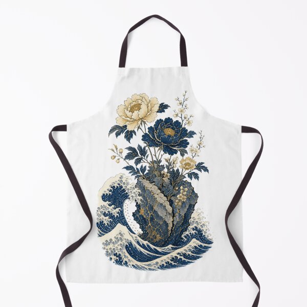 Item preview, Japanese Wave Peony Bouquet | Navy Gold Ukiyo-e Floral Art | Great Wave Botanical Print designed and sold by Art JSMY.