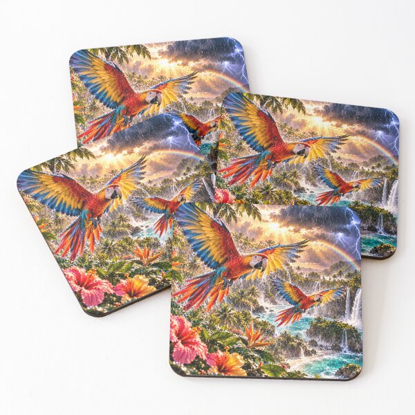 Item preview, Colorful macaws in a tropical paradise with rainbows designed and sold by AnjaSarahArt.