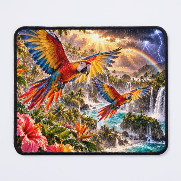 Item preview, Colorful macaws in a tropical paradise with rainbows designed and sold by AnjaSarahArt.