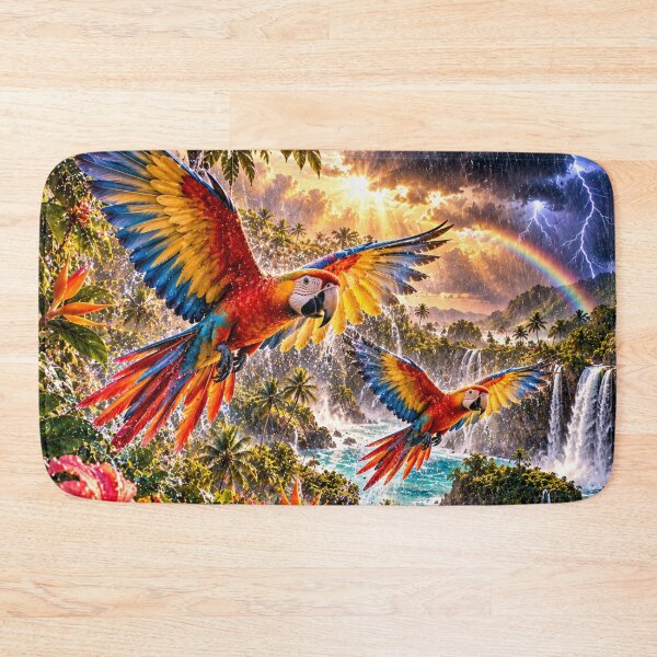 Item preview, Colorful macaws in a tropical paradise with rainbows designed and sold by AnjaSarahArt.