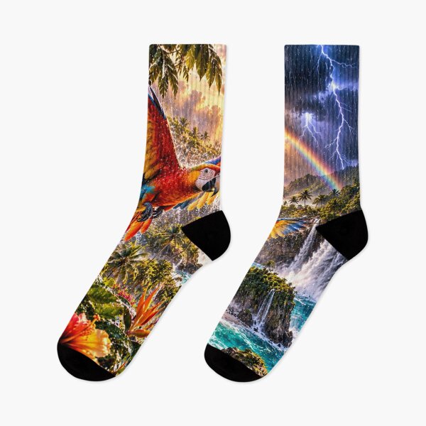 Item preview, Colorful macaws in a tropical paradise with rainbows designed and sold by AnjaSarahArt.