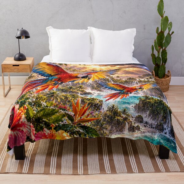 Item preview, Colorful macaws in a tropical paradise with rainbows designed and sold by AnjaSarahArt.
