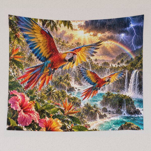 Item preview, Colorful macaws in a tropical paradise with rainbows designed and sold by AnjaSarahArt.