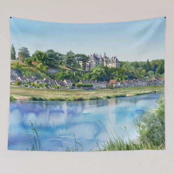 Item preview, Loire Valley Chateau & River Reflection — French Landscape digital Watercolor from real photography designed and sold by M.ALK.Watercolor.