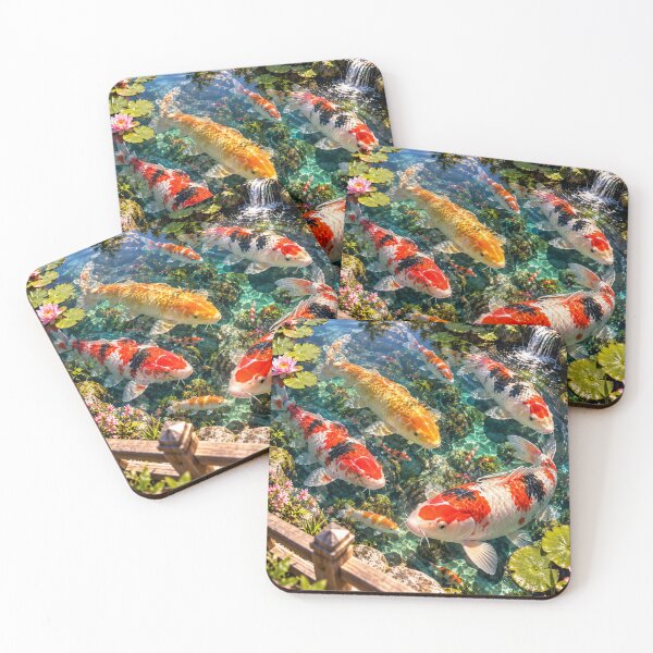 Item preview, Japanese koi pond with colorful koi carp and water lilies designed and sold by AnjaSarahArt.