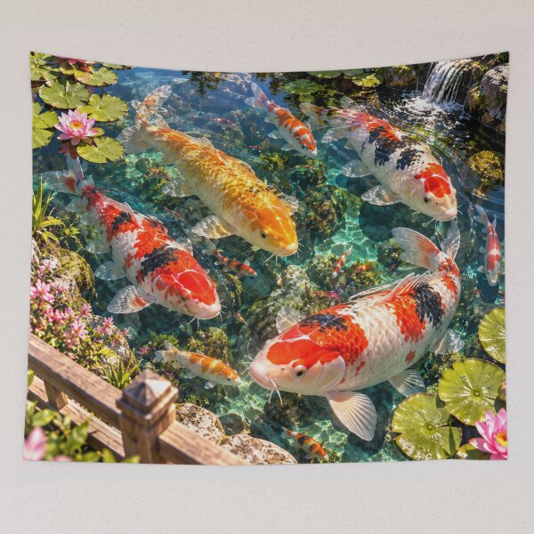 Item preview, Japanese koi pond with colorful koi carp and water lilies designed and sold by AnjaSarahArt.