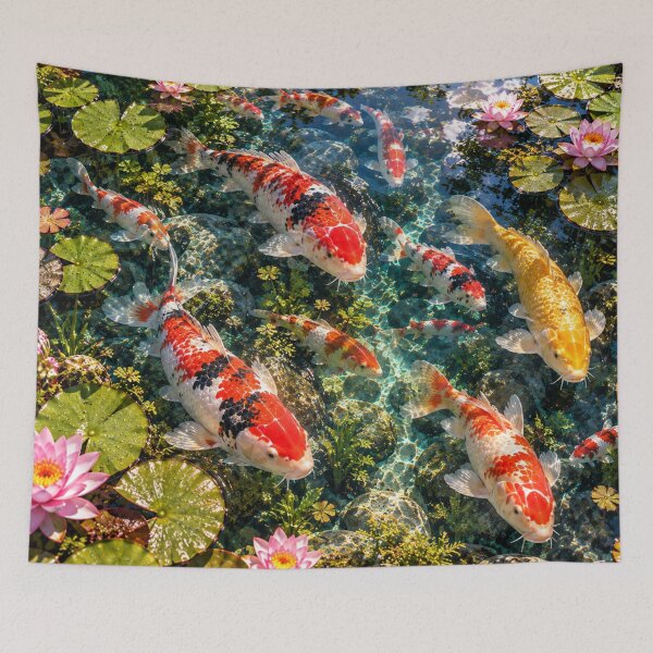 Item preview, Colorful koi carp in a clear water lily pond designed and sold by AnjaSarahArt.