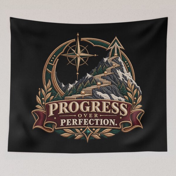 Item preview, Progress Over Perfection Motivational Mountain Embroidery Design designed and sold by Emoji Emblems.