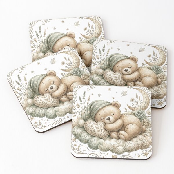 Item preview, Cute Sleeping Teddy Bear on Cloud Illustration with Moon and Flowers for Nursery Wall Art designed and sold by MoodLay.