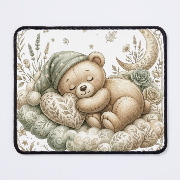 Item preview, Cute Sleeping Teddy Bear on Cloud Illustration with Moon and Flowers for Nursery Wall Art designed and sold by MoodLay.