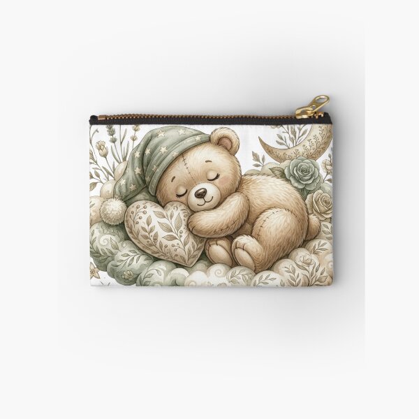 Item preview, Cute Sleeping Teddy Bear on Cloud Illustration with Moon and Flowers for Nursery Wall Art designed and sold by MoodLay.