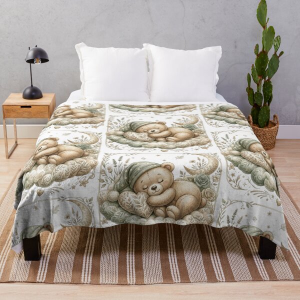 Item preview, Cute Sleeping Teddy Bear on Cloud Illustration with Moon and Flowers for Nursery Wall Art designed and sold by MoodLay.