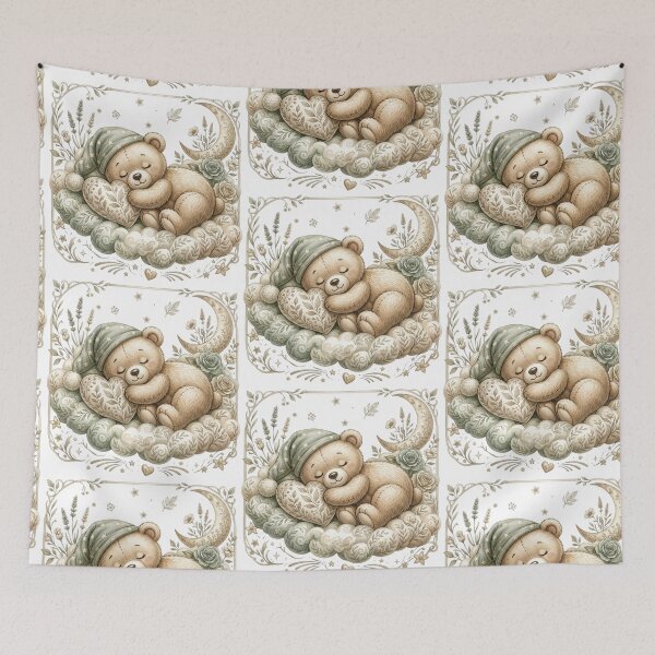 Item preview, Cute Sleeping Teddy Bear on Cloud Illustration with Moon and Flowers for Nursery Wall Art designed and sold by MoodLay.