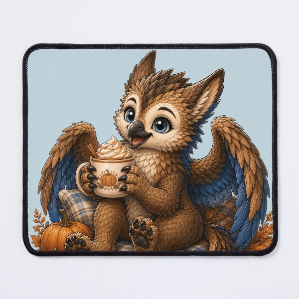Item preview, Cute Autumn Griffin with Pumpkin Spice Latte Whimsical Fall Art designed and sold by Hatchling Hollow.