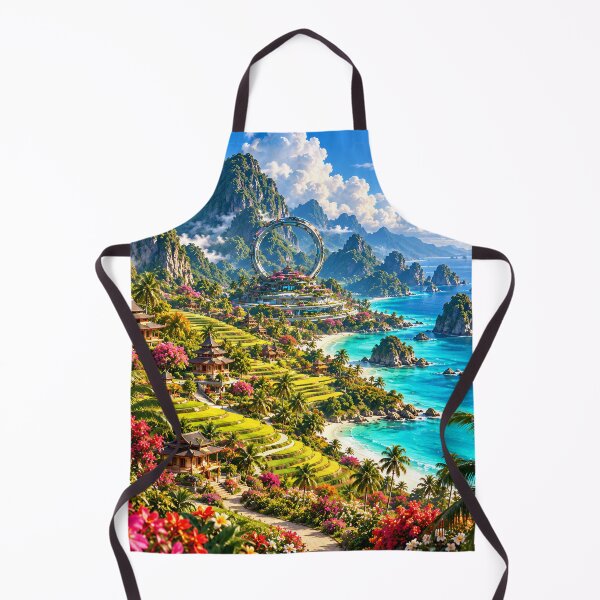 Item preview, Tropical Futuristic Asian Paradise Island Mountain Ocean Landscape Wall Art designed and sold by IRON SIREN.
