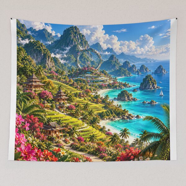 Item preview, Tropical Futuristic Asian Paradise Island Mountain Ocean Landscape Wall Art designed and sold by IRON SIREN.