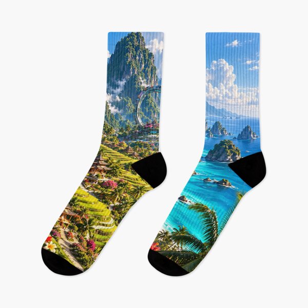 Item preview, Tropical Futuristic Asian Paradise Island Mountain Ocean Landscape Wall Art designed and sold by IRON SIREN.