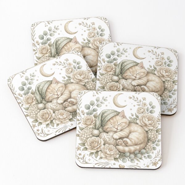 Item preview, Cute Sleeping Kitten in Roses Illustration with Moon and Stars for Nursery Wall Art designed and sold by MoodLay.
