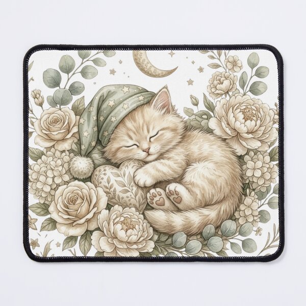 Item preview, Cute Sleeping Kitten in Roses Illustration with Moon and Stars for Nursery Wall Art designed and sold by MoodLay.