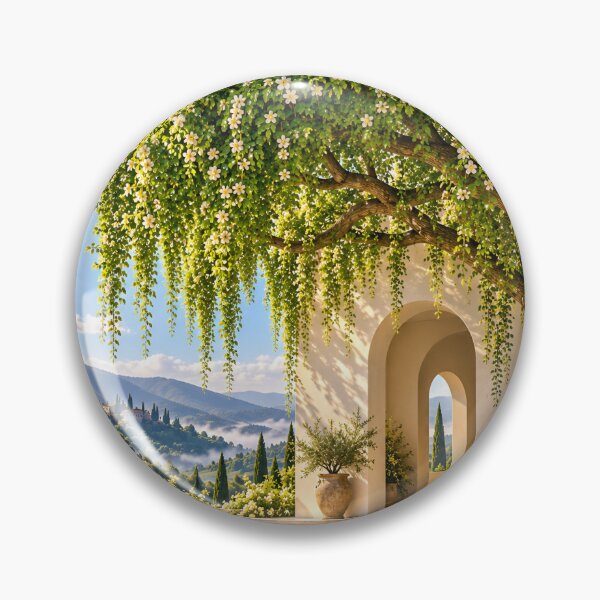 Item preview, Sunlit Mediterranean Courtyard Garden with White Flowers and Mountain View designed and sold by IRON SIREN.