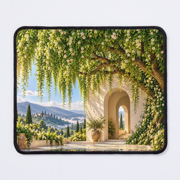 Item preview, Sunlit Mediterranean Courtyard Garden with White Flowers and Mountain View designed and sold by IRON SIREN.