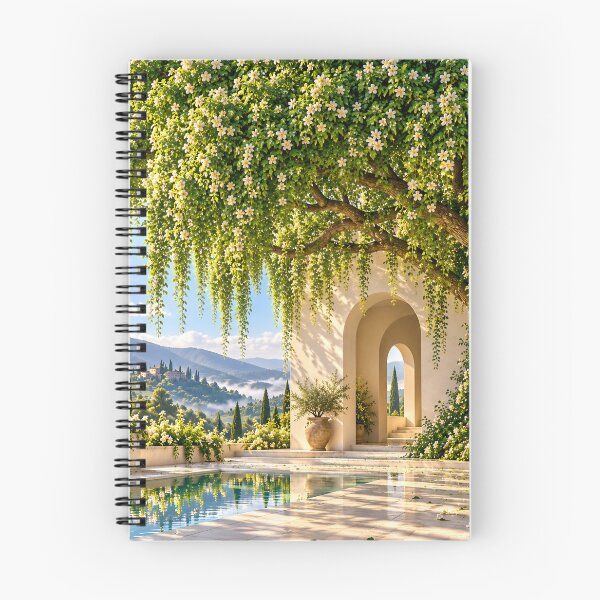 Item preview, Sunlit Mediterranean Courtyard Garden with White Flowers and Mountain View designed and sold by IRON SIREN.