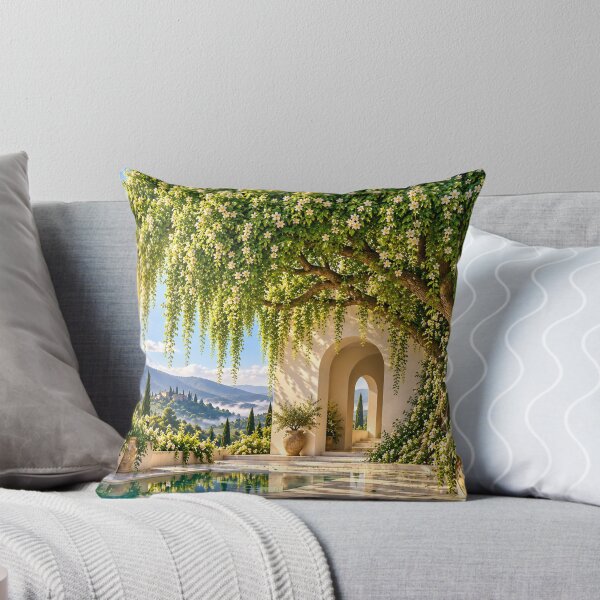 Item preview, Sunlit Mediterranean Courtyard Garden with White Flowers and Mountain View designed and sold by IRON SIREN.