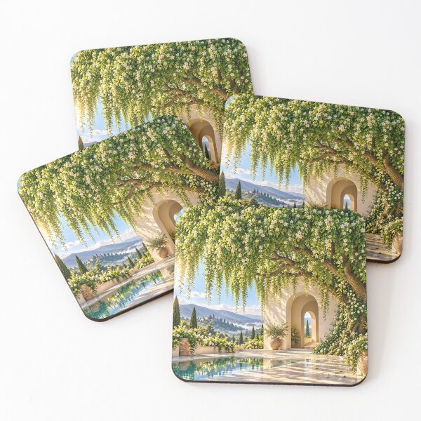 Item preview, Sunlit Mediterranean Courtyard Garden with White Flowers and Mountain View designed and sold by IRON SIREN.