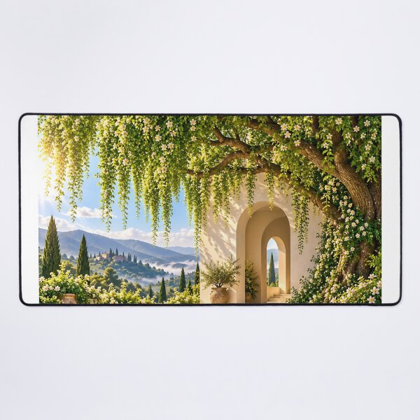 Item preview, Sunlit Mediterranean Courtyard Garden with White Flowers and Mountain View designed and sold by IRON SIREN.