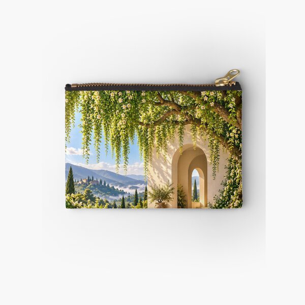 Item preview, Sunlit Mediterranean Courtyard Garden with White Flowers and Mountain View designed and sold by IRON SIREN.