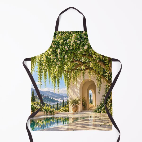 Item preview, Sunlit Mediterranean Courtyard Garden with White Flowers and Mountain View designed and sold by IRON SIREN.