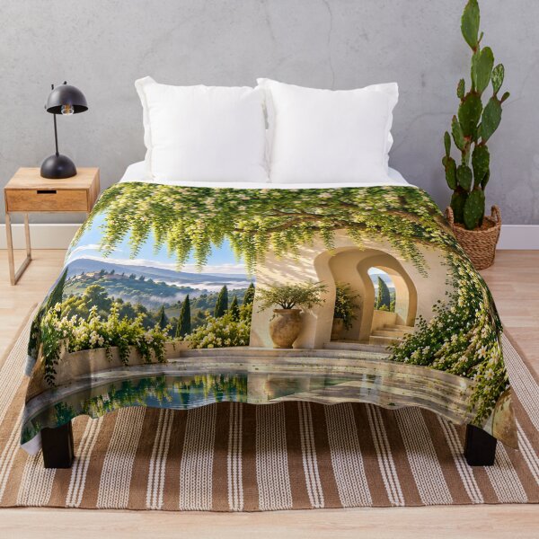 Item preview, Sunlit Mediterranean Courtyard Garden with White Flowers and Mountain View designed and sold by IRON SIREN.