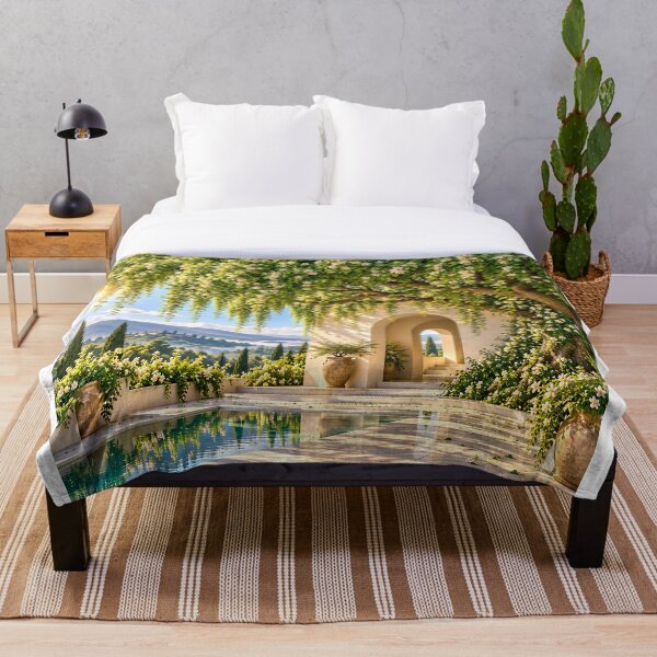 Item preview, Sunlit Mediterranean Courtyard Garden with White Flowers and Mountain View designed and sold by IRON SIREN.