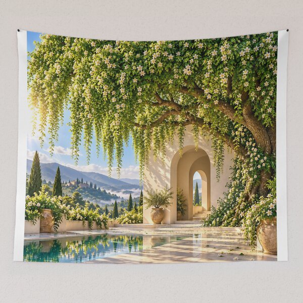 Item preview, Sunlit Mediterranean Courtyard Garden with White Flowers and Mountain View designed and sold by IRON SIREN.