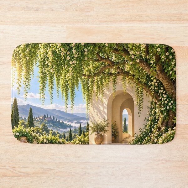 Item preview, Sunlit Mediterranean Courtyard Garden with White Flowers and Mountain View designed and sold by IRON SIREN.