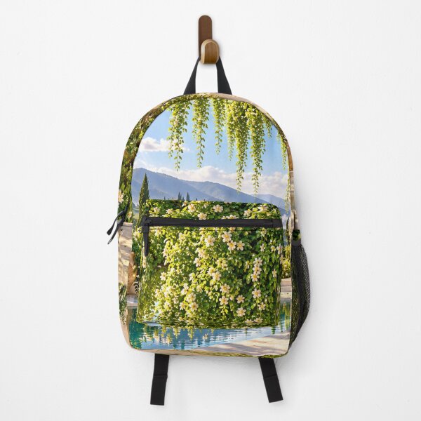 Item preview, Sunlit Mediterranean Courtyard Garden with White Flowers and Mountain View designed and sold by IRON SIREN.