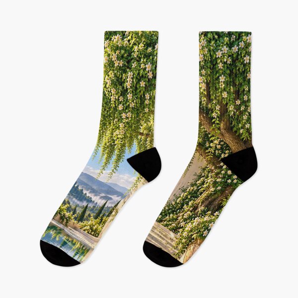 Item preview, Sunlit Mediterranean Courtyard Garden with White Flowers and Mountain View designed and sold by IRON SIREN.