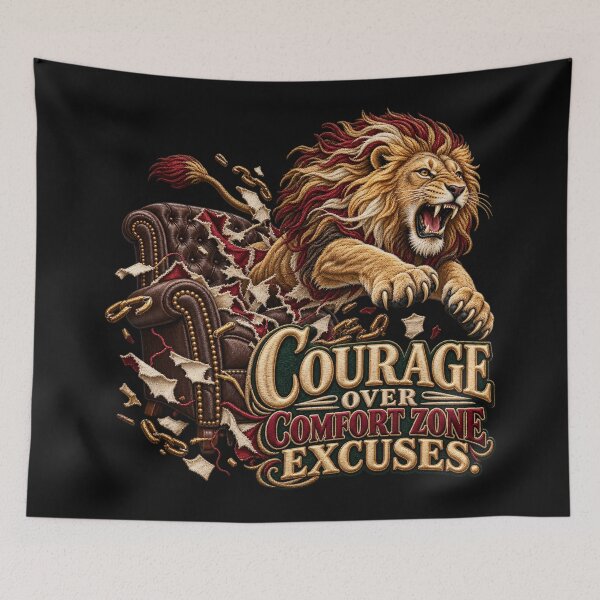 Item preview, Courage Over Comfort Zone Excuses Motivational Lion Embroidery designed and sold by Emoji Emblems.