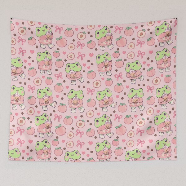 Item preview, Kawaii Frog Peach Bubble Tea Pattern designed and sold by Soft Berry Studio.