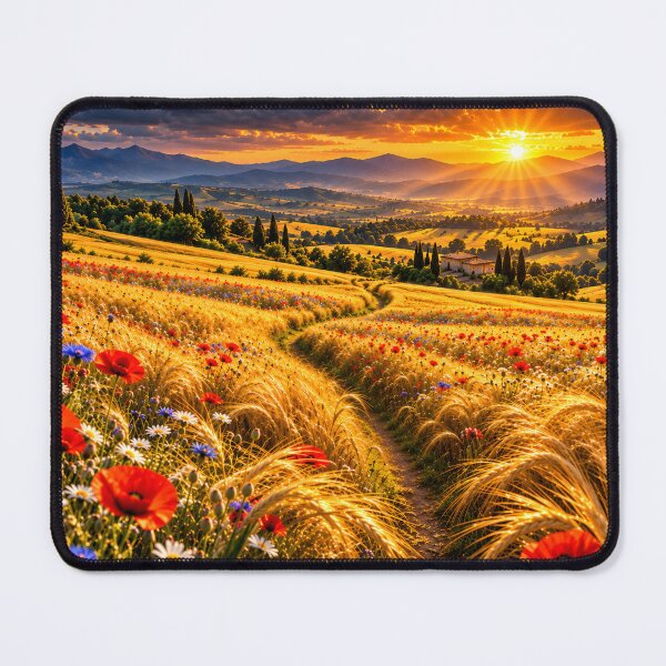Item preview, Golden Wheat Field with Red Poppies Mountain Sunset Landscape Wall Art designed and sold by IRON SIREN.