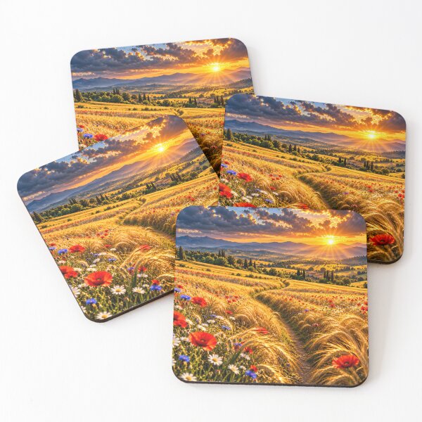 Item preview, Golden Wheat Field with Red Poppies Mountain Sunset Landscape Wall Art designed and sold by IRON SIREN.