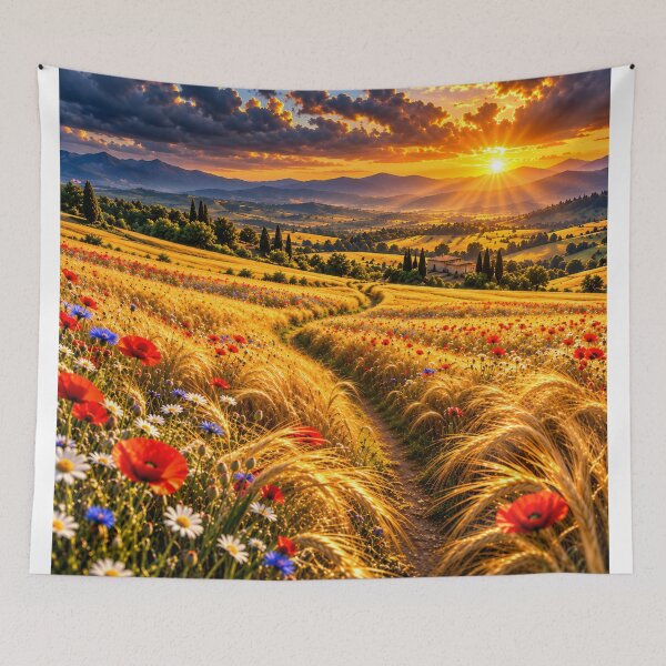Artikelvorschau, Goldenes Weizenfeld mit roten Mohnblumen, Berg-Sonnenuntergangslandschaft – Wandbild entworfen und verkauft von IRON SIREN.